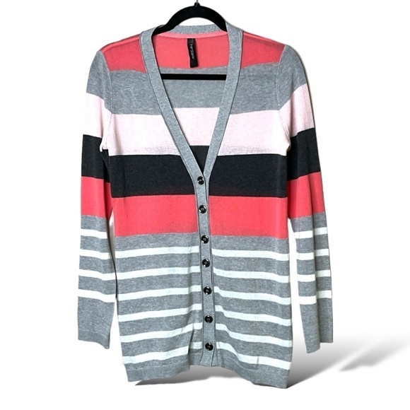 MARC CAIN Linen Button Front Cardigan Stripe Long Sleeve Vee Neck US Sz S - Picture 1 of 8
